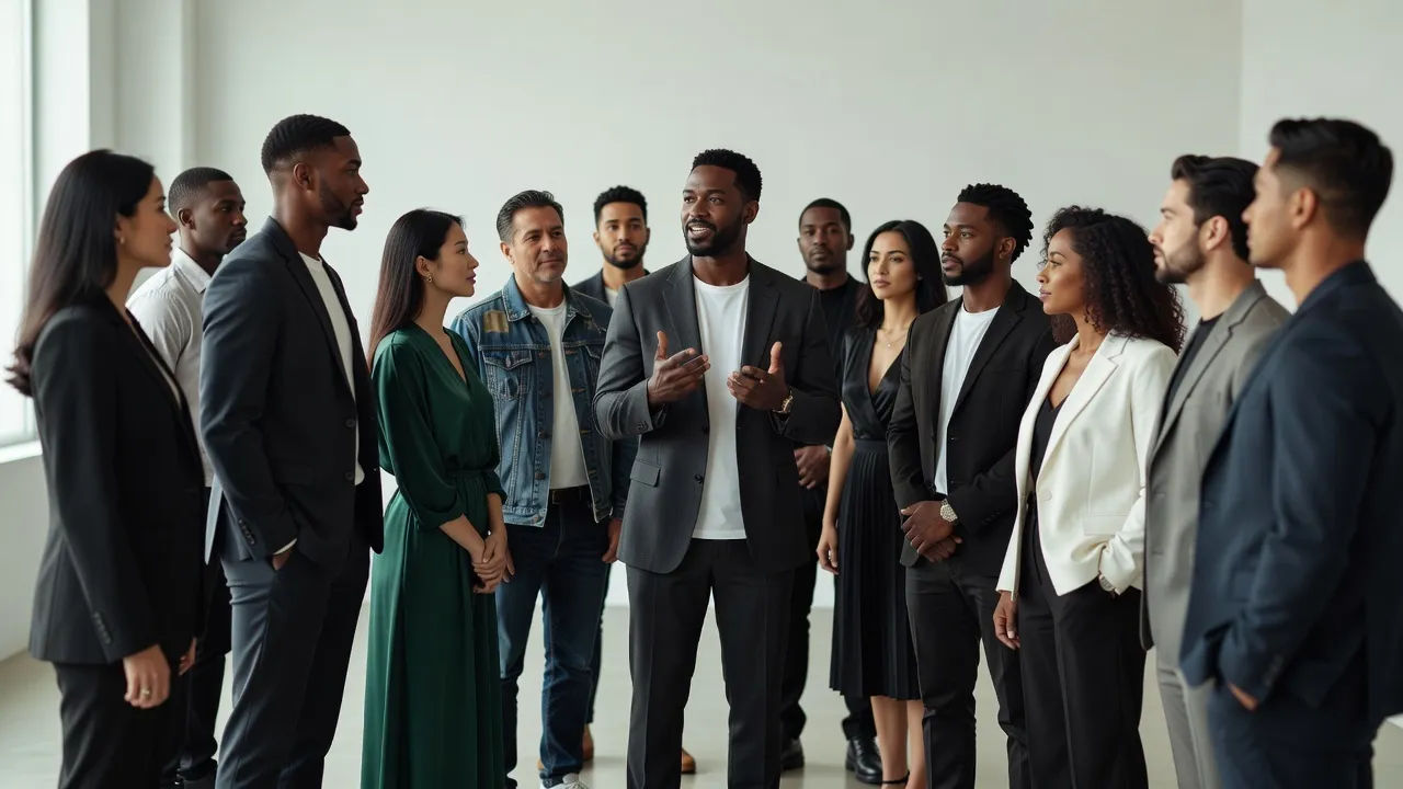 A lineup of characters in a bright studio, one mid-line, others listening