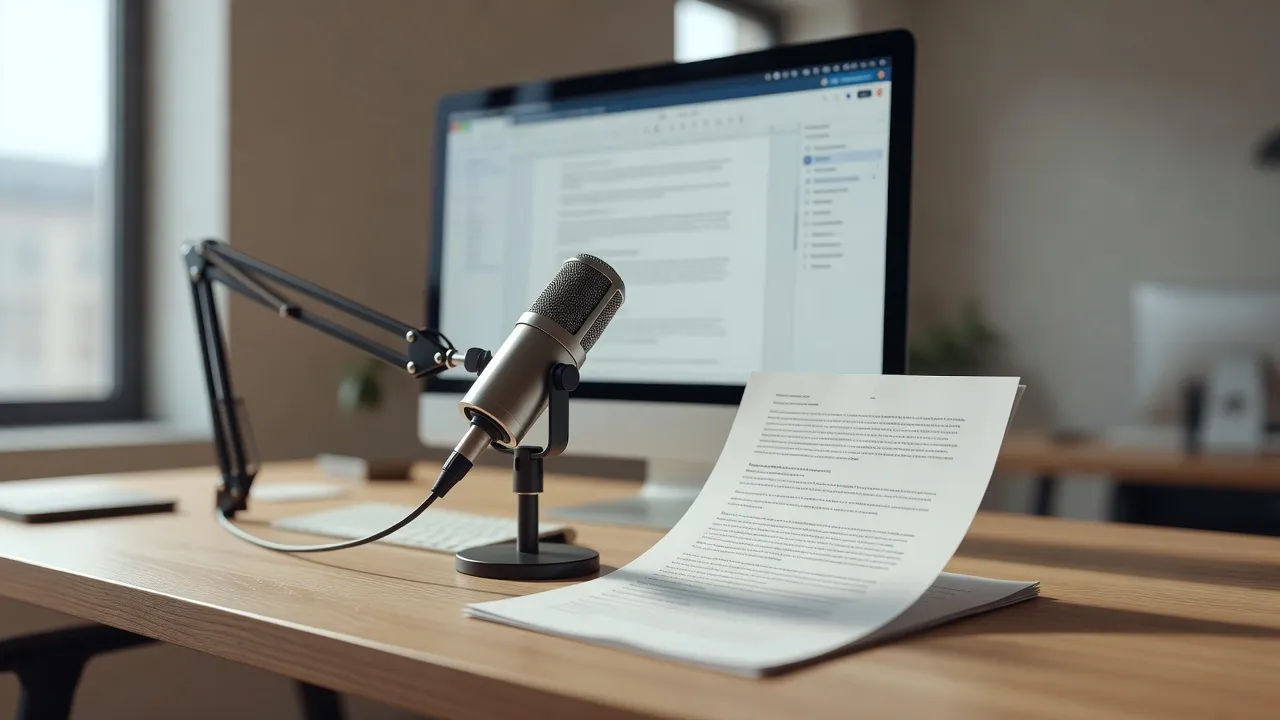 A course-authoring screen with a script open beside a microphone