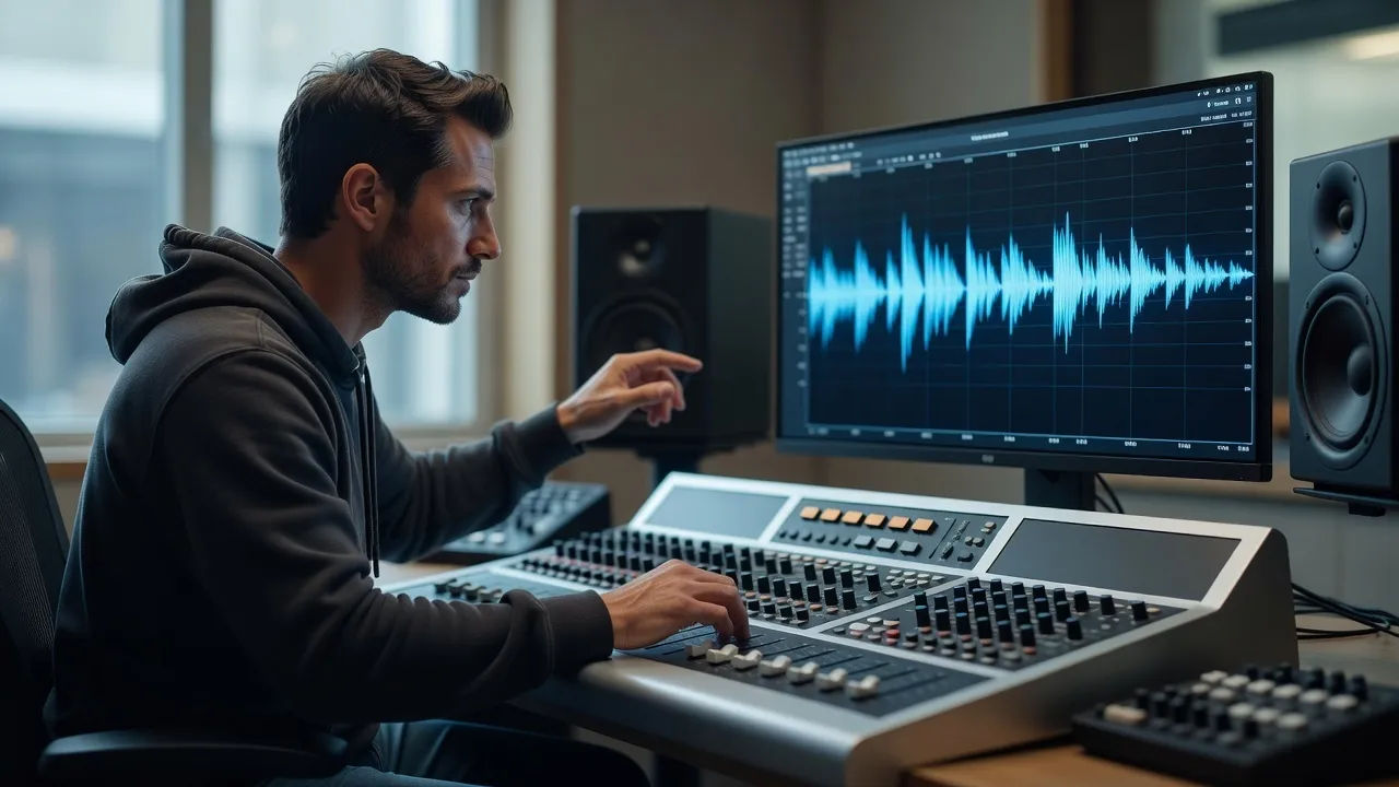A sound designer directing a voice at a console, waveform on the screen