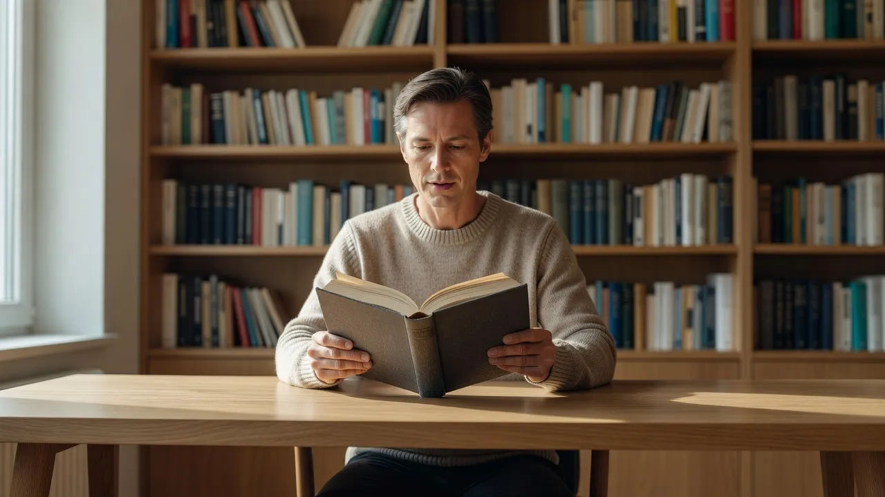 Reviewer at a cozy desk holding a book up to the camera, shelves behind