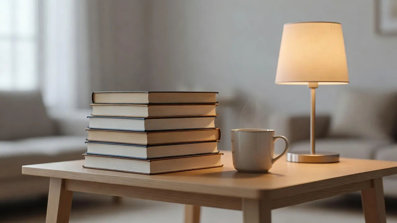 Stack of books beside a warm lamp and a mug on a reading table