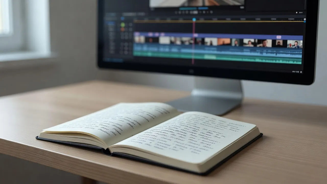 Open notebook of reading notes next to an editing timeline on screen