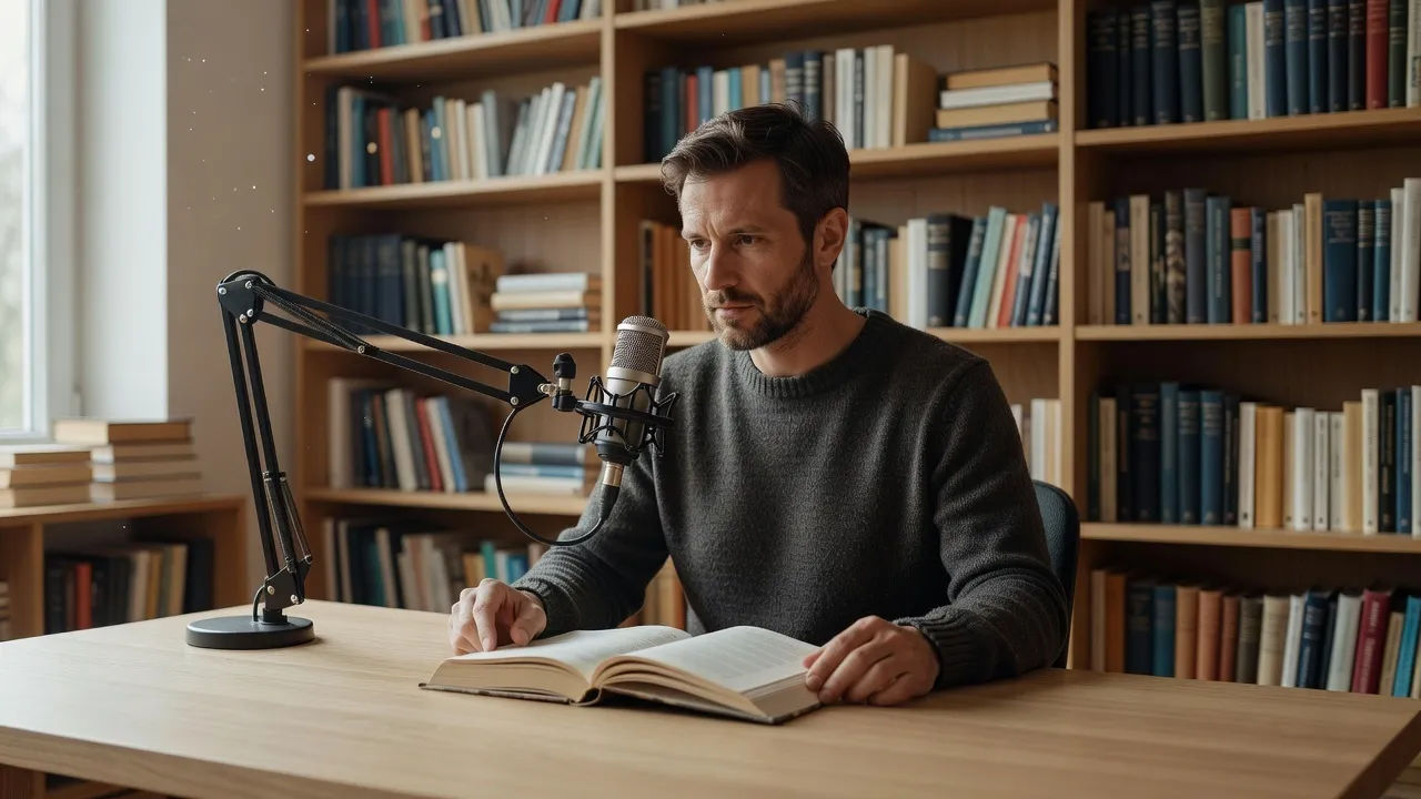 Creator recording a book review at a shelf-lined home studio