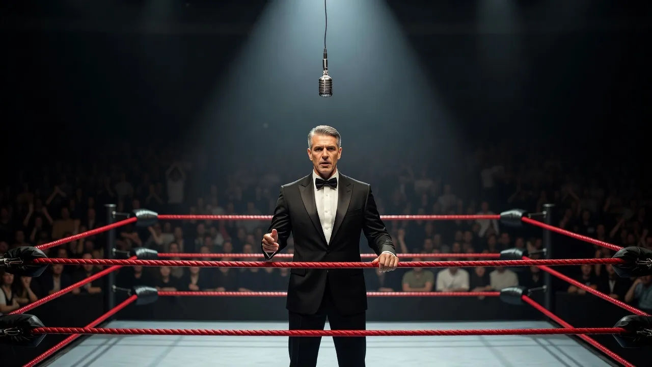 Bow-tied ring announcer under a hanging mic in a spotlit ring, crowd in shadow behind