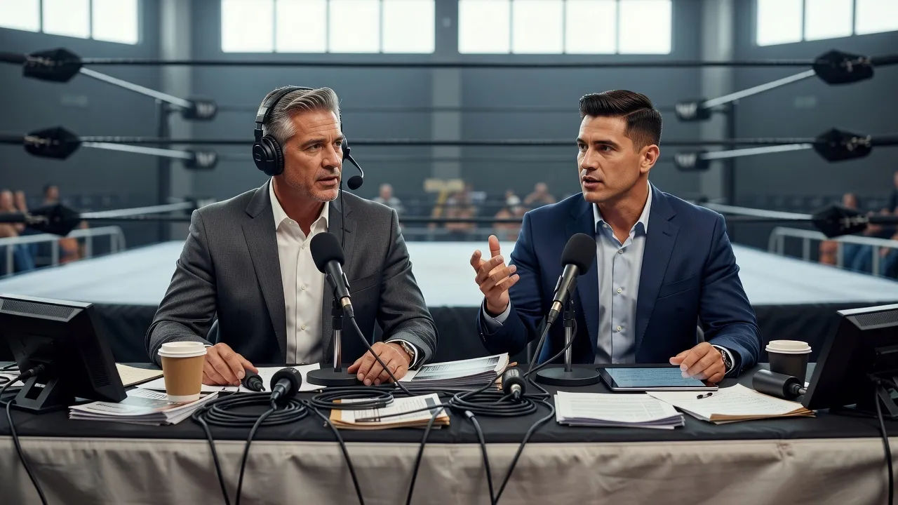 Ringside announcer and analyst side by side at a cluttered broadcast table over the apron