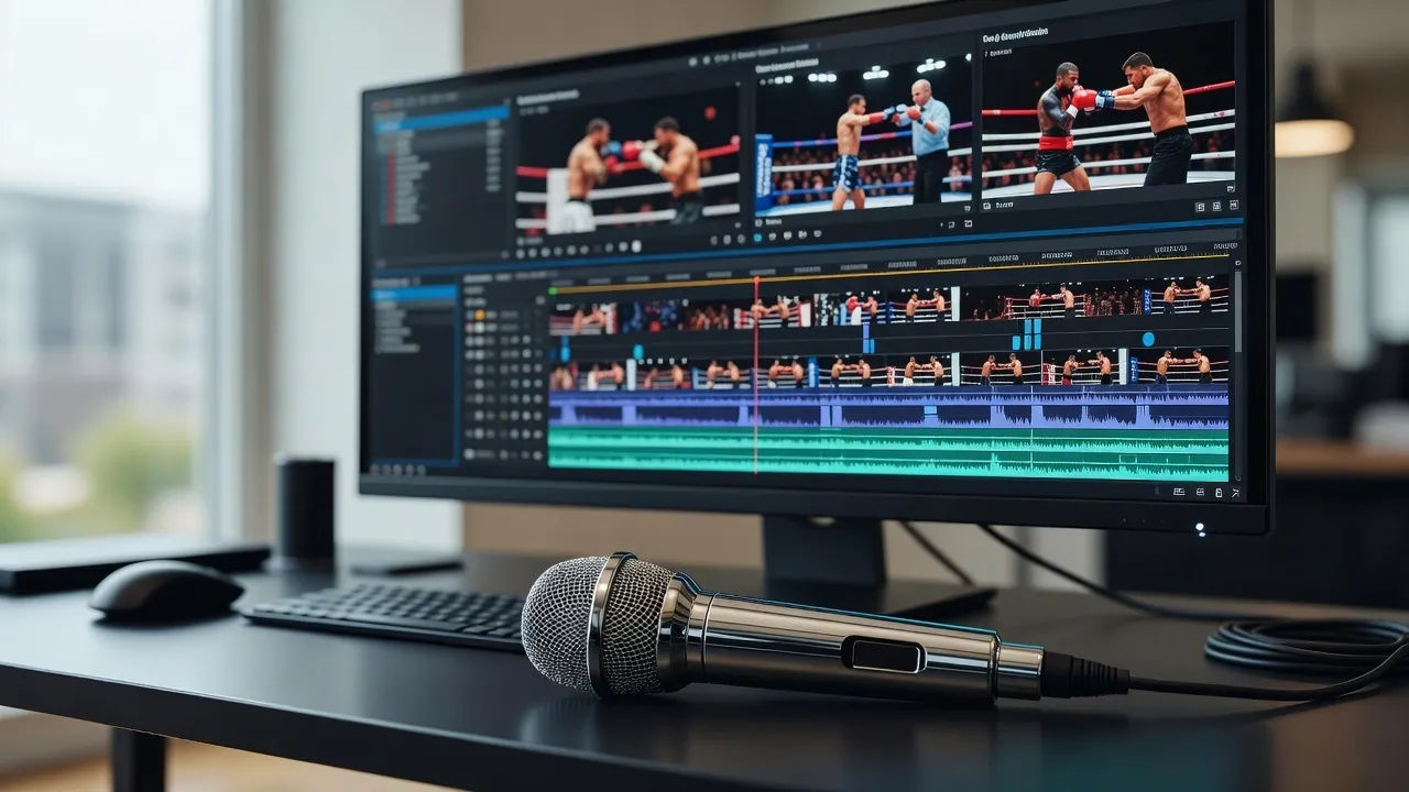 Edit bay showing a fight-highlight timeline beside a chrome ringside microphone