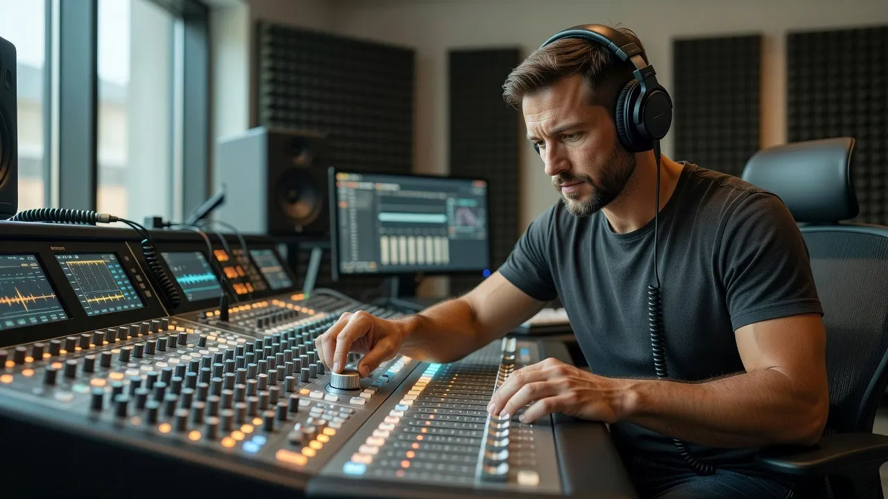 Sound designer at a mixing console dialing in a ringside announcer voice