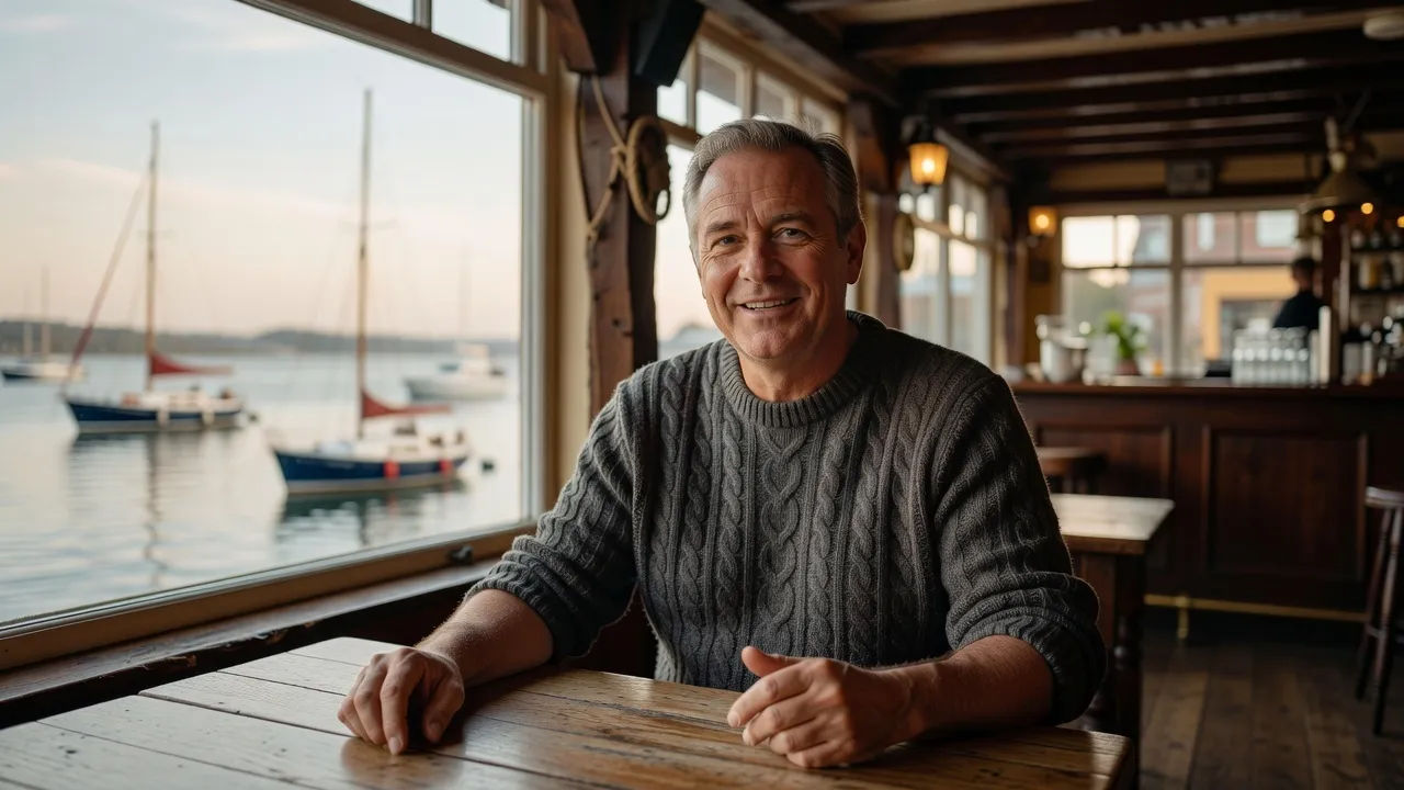 A warm character in a Bristol harbourside pub speaking to camera, boats behind