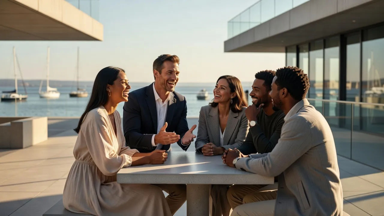 A group of characters on a harbourside terrace, one mid-story, others smiling