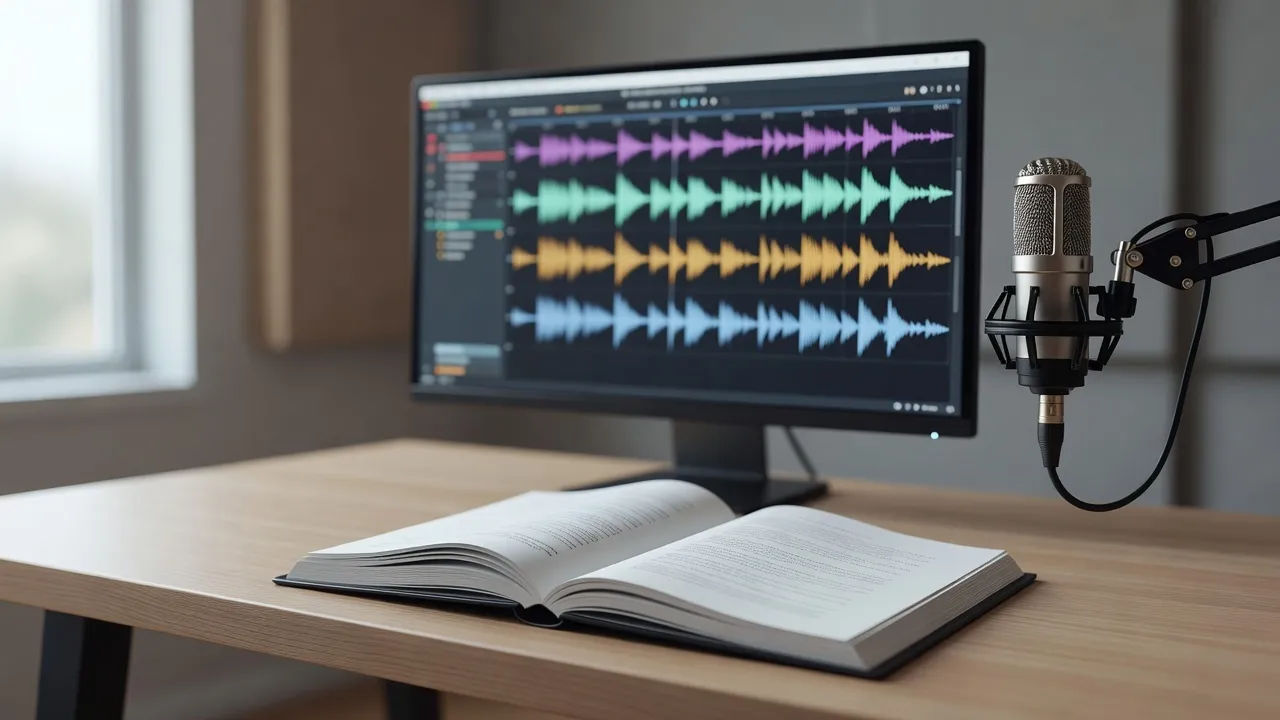 An audiobook editing screen with a script open beside a microphone