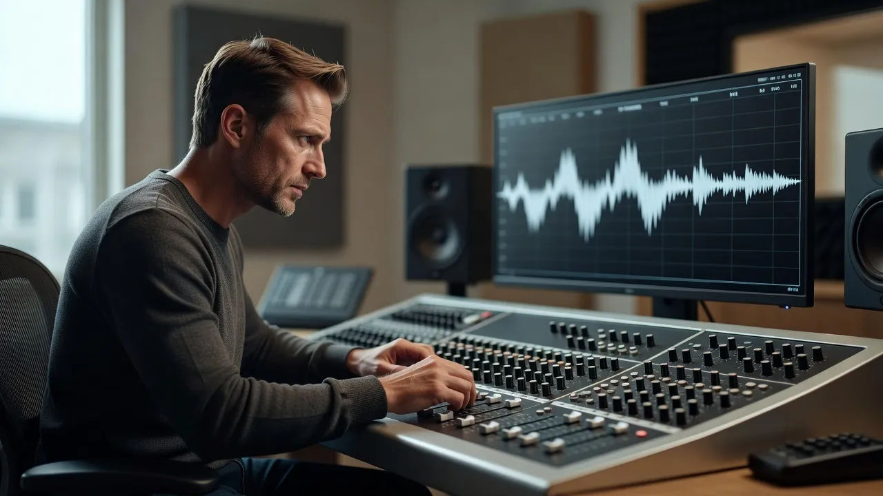 A sound designer directing a voice at a console, waveform on the screen