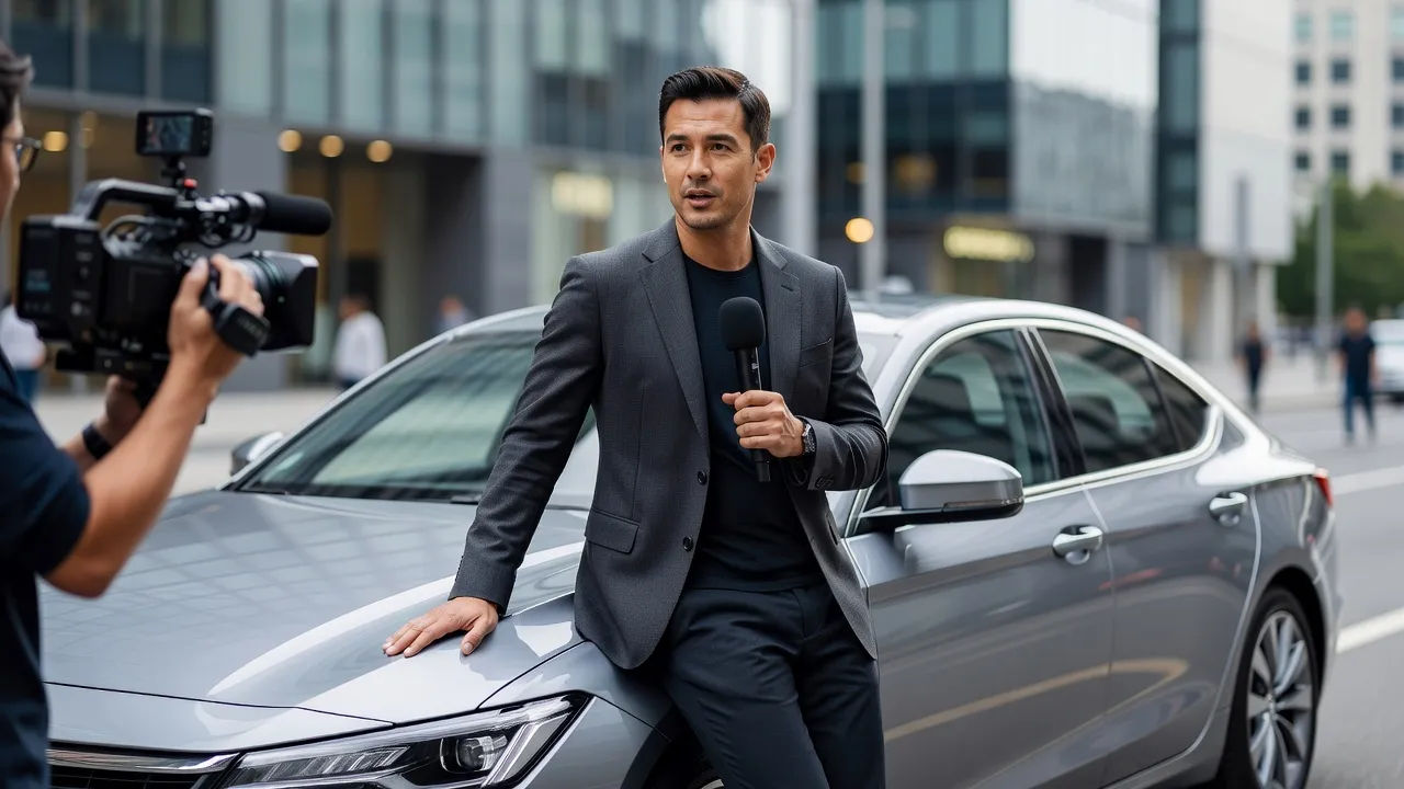 Presenter leaning on a parked car mid-review, camera and mic in shot