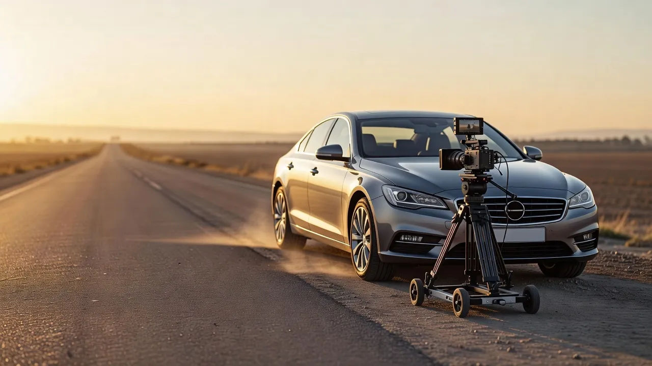 Car parked on an open road at golden hour with a filming rig nearby