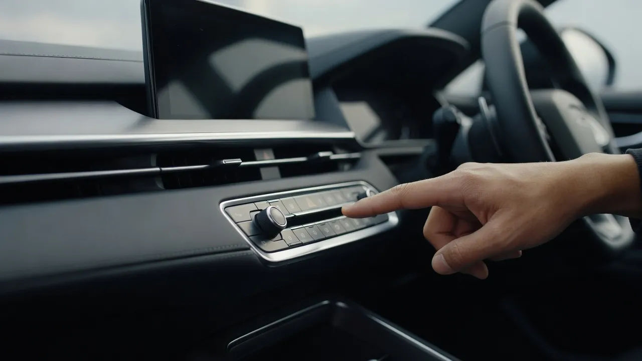 Interior shot of a dashboard with a reviewer pointing out controls