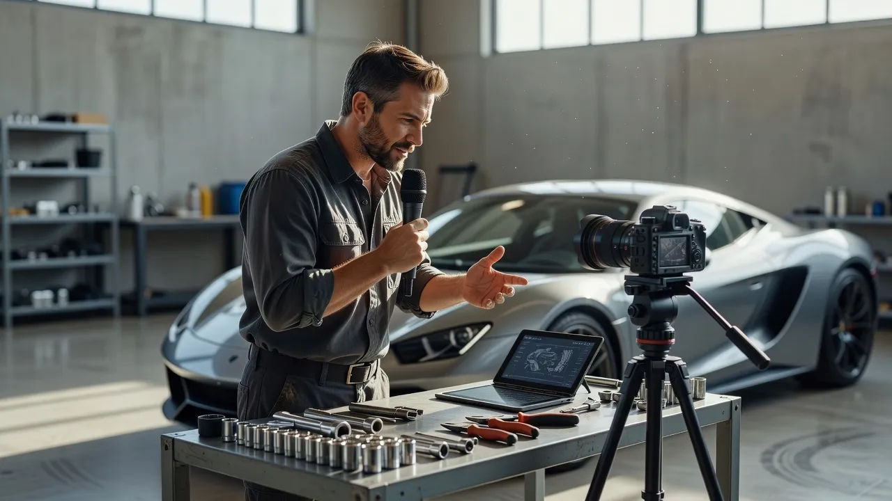 Creator recording a car review at a garage workbench