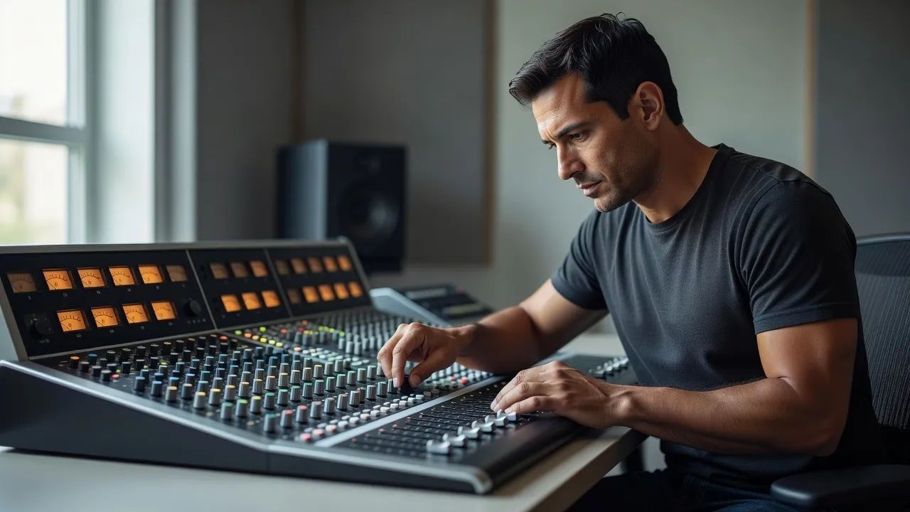 Sound designer tuning a tagline read at a console