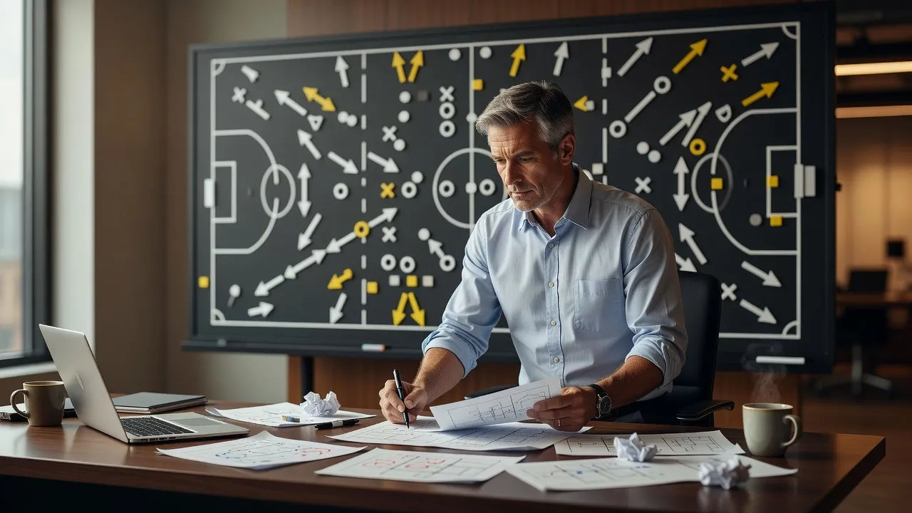 Studio analyst at a lit desk mid-breakdown, tactics board behind