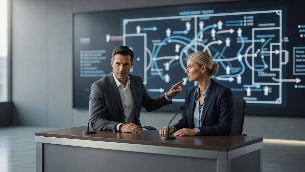 Two analysts at a studio desk with a tactics screen behind