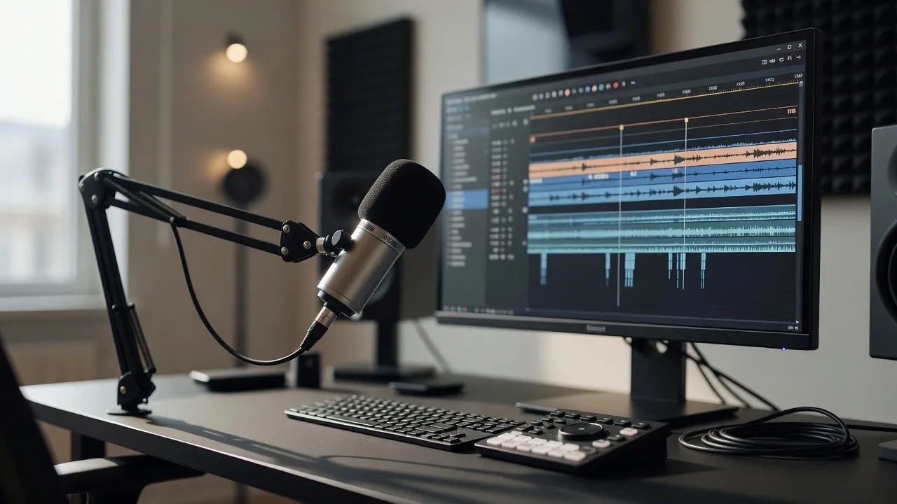Editing bay with an analysis segment timeline and a studio mic