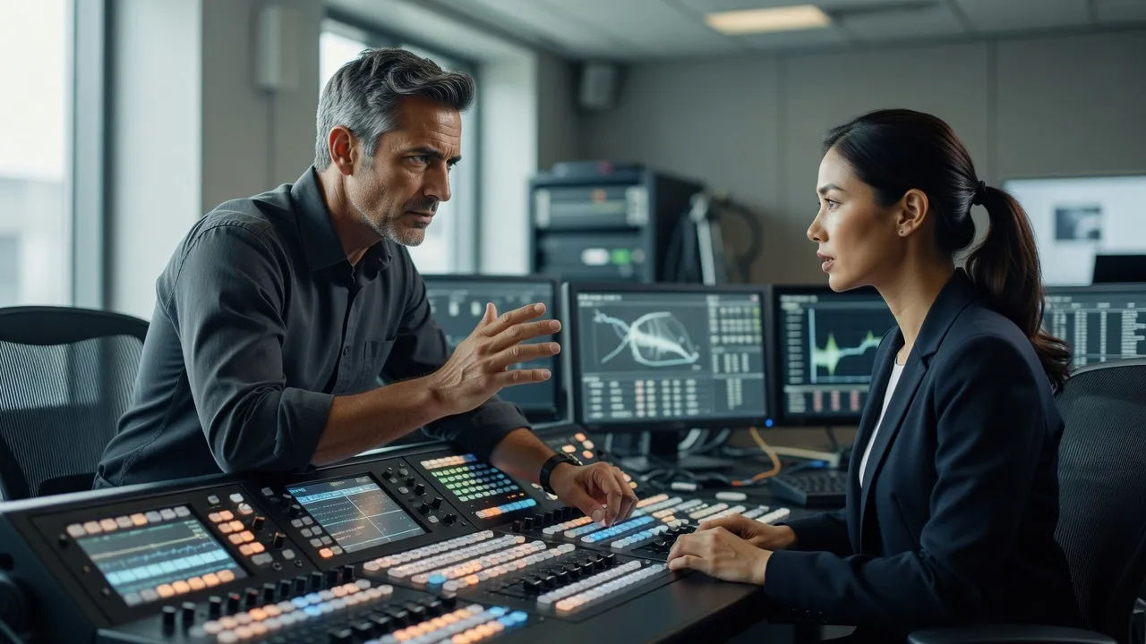 Producer directing an analyst voice at a broadcast console