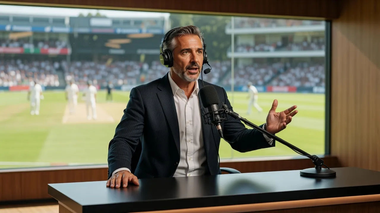 Cricket commentator at a broadcast desk mid-call, headset on, sunlit ground behind