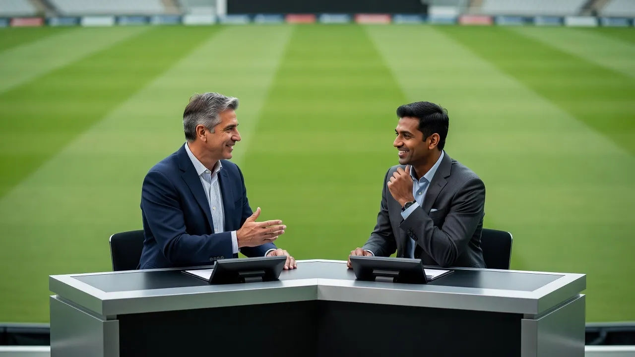 Two cricket commentators sharing a desk above a green outfield