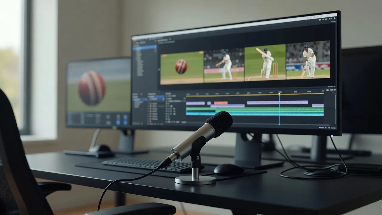 Editing bay with a cricket highlight timeline and a commentary mic