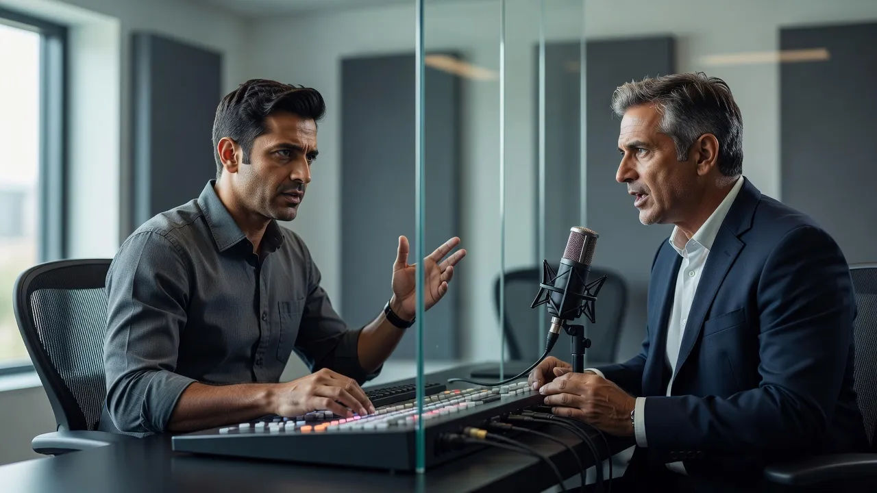 Sound designer directing a cricket commentary voice at a console