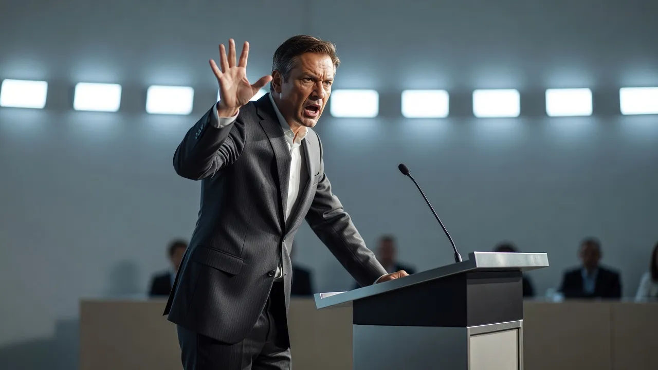 Speaker at a lectern mid-argument, hand raised, panel lights behind