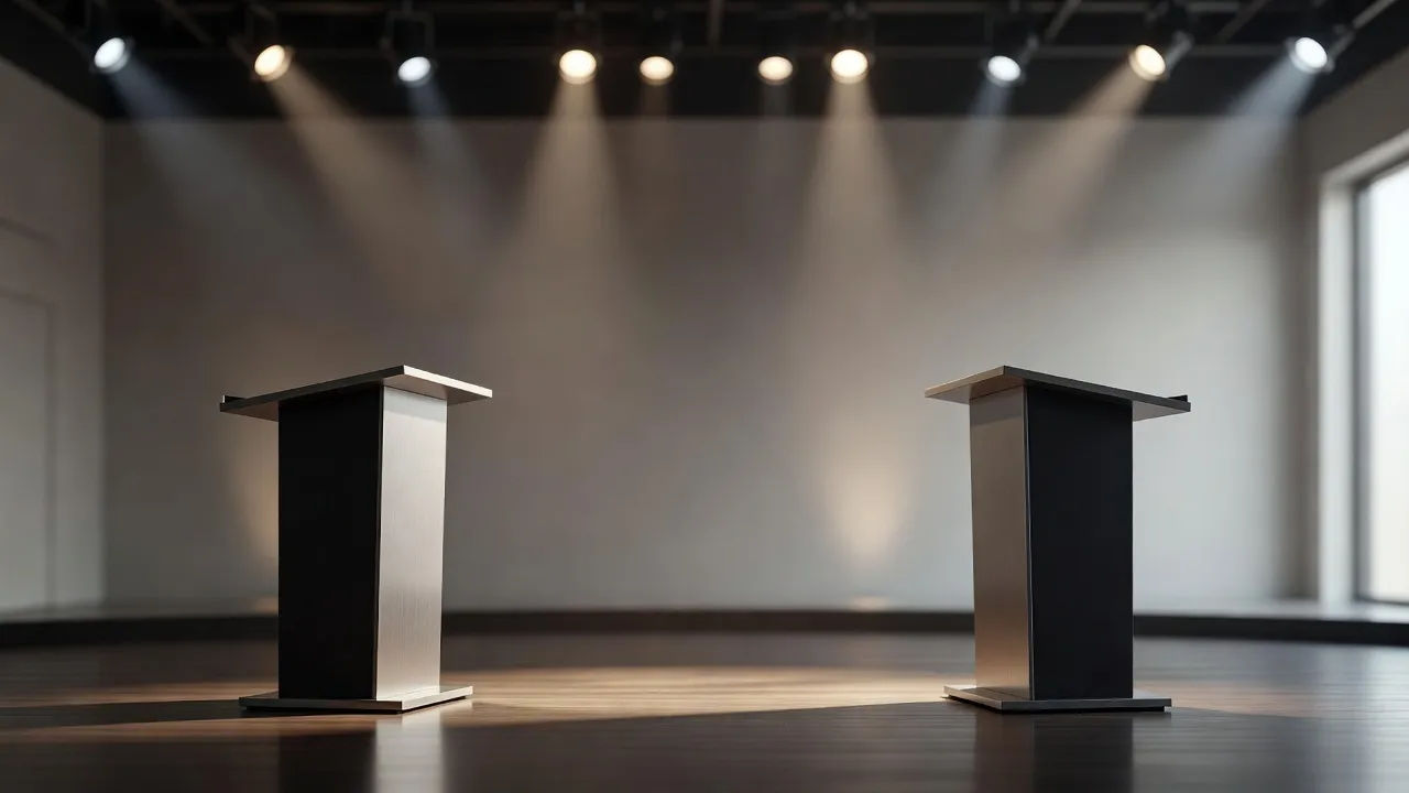 Two lecterns facing each other under stage lighting on a debate set