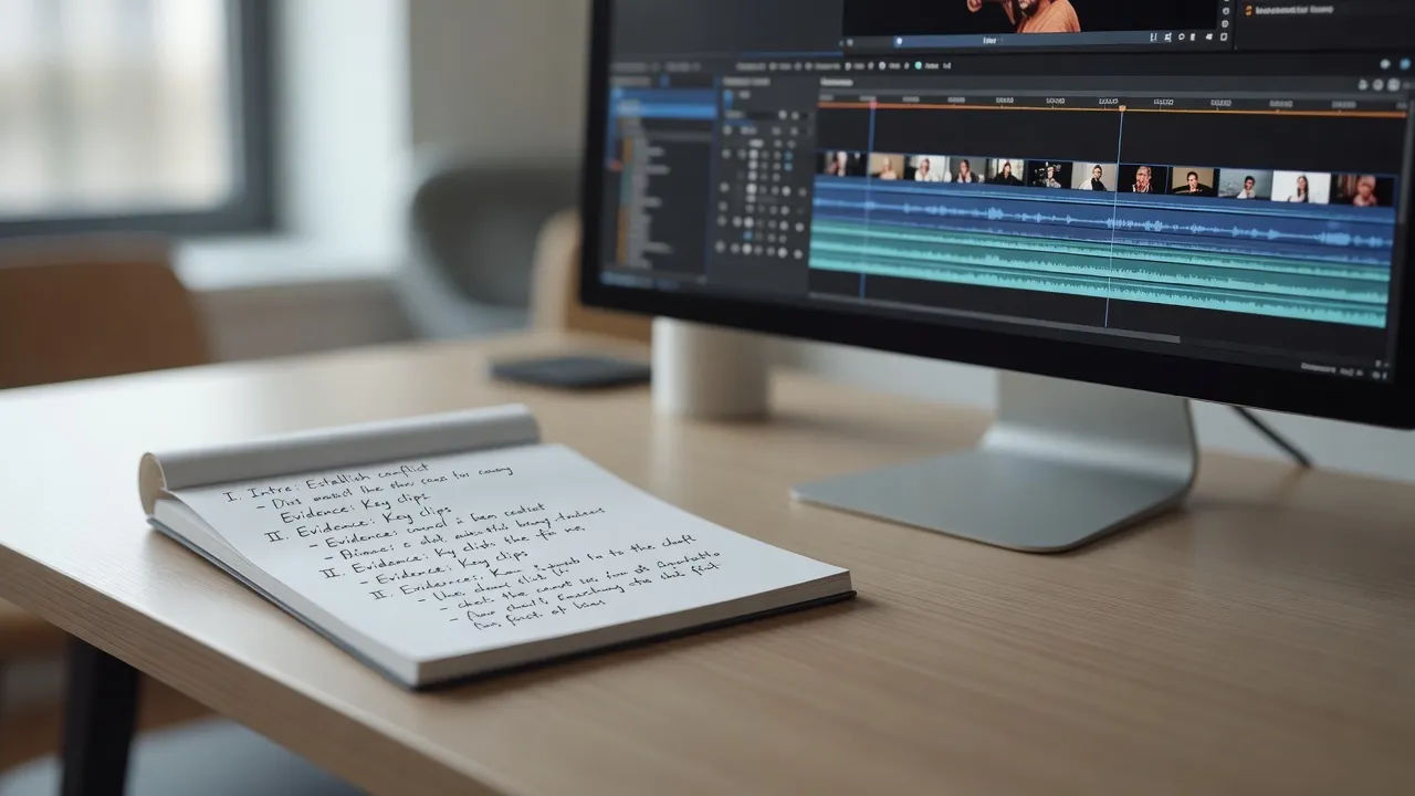 Argument outline on a notepad beside an editing timeline on screen
