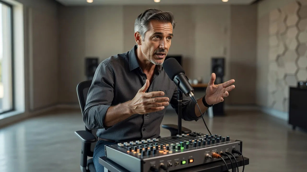 Creator directing a debate voice at a small studio console