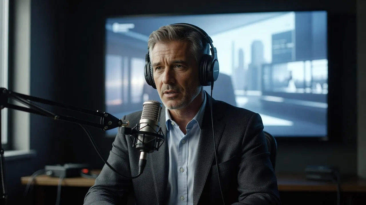Documentary narrator in a dim studio mid-read, headset on, a large screen glowing behind