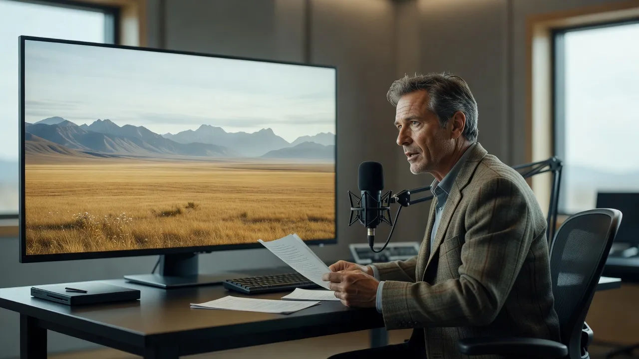 Documentary narrator reading to picture over a wide landscape on the studio monitor