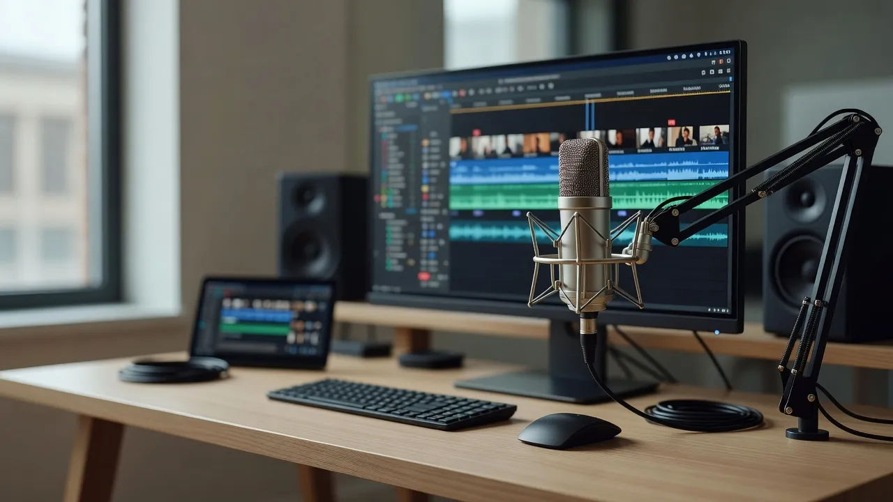 Editing bay with a documentary timeline and a large-diaphragm narration mic