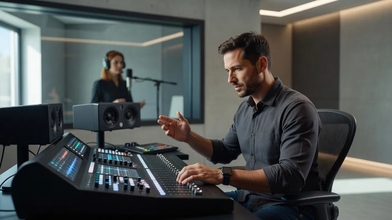 Sound designer directing a documentary narration voice at a console