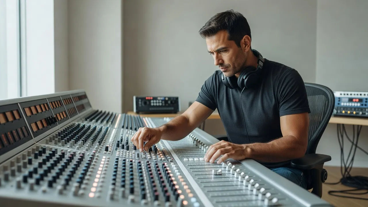 Sound designer shaping a looping hook at a bright console