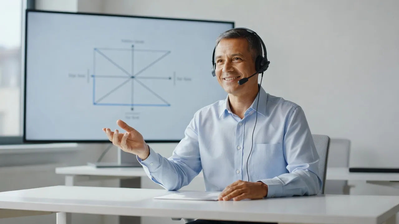 Friendly educator at a bright desk mid-lesson, headset on, a diagram on the screen behind
