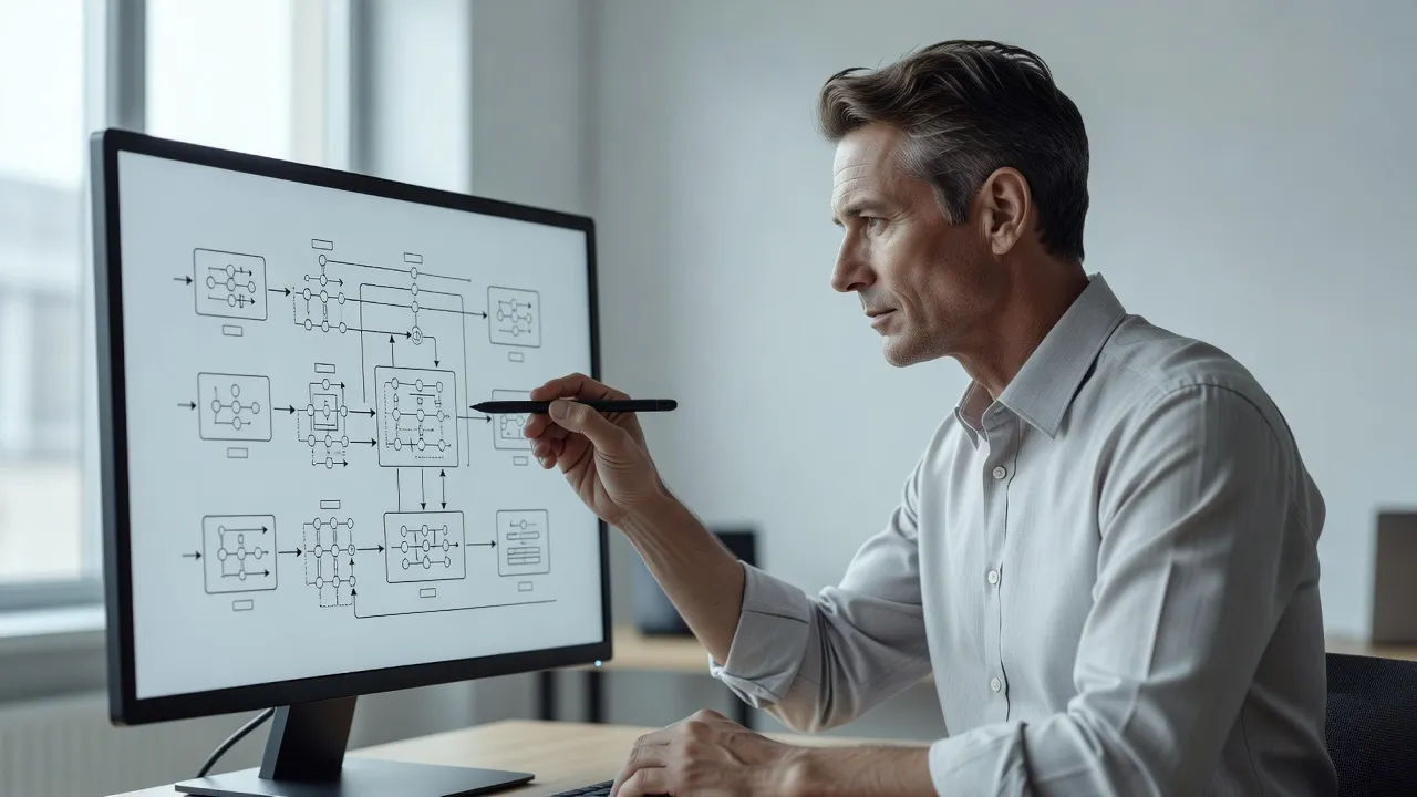 Educator recording a lesson to picture over a step-by-step diagram on the monitor