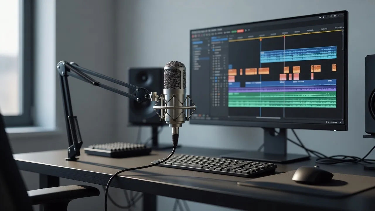 Editing bay with a tutorial timeline and a clean narration mic