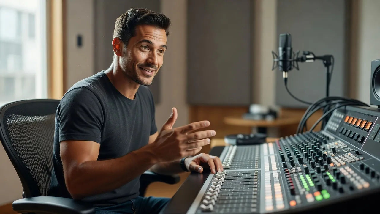 Sound designer directing a friendly educational voice at a console
