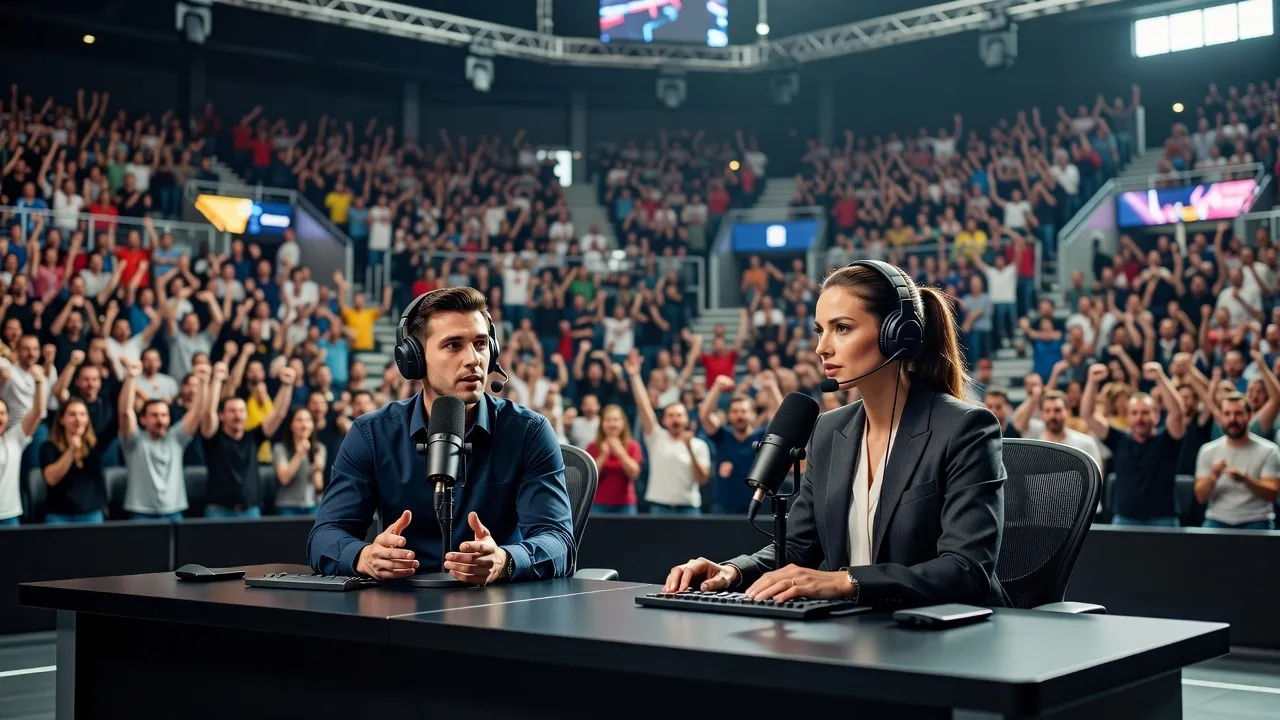 Two casters at a broadcast desk over a packed esports arena