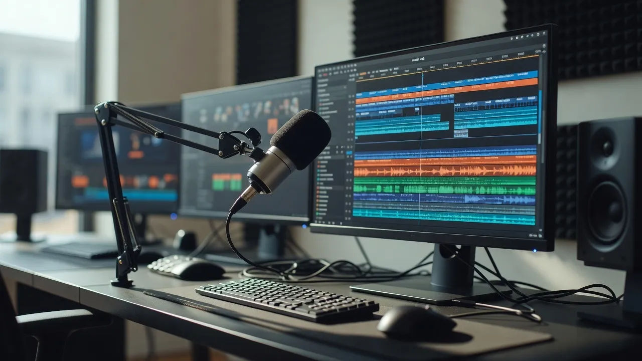 Editing bay with a match vod timeline and a broadcast mic