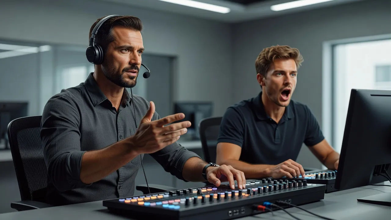 Broadcast producer directing a shoutcaster voice at a console