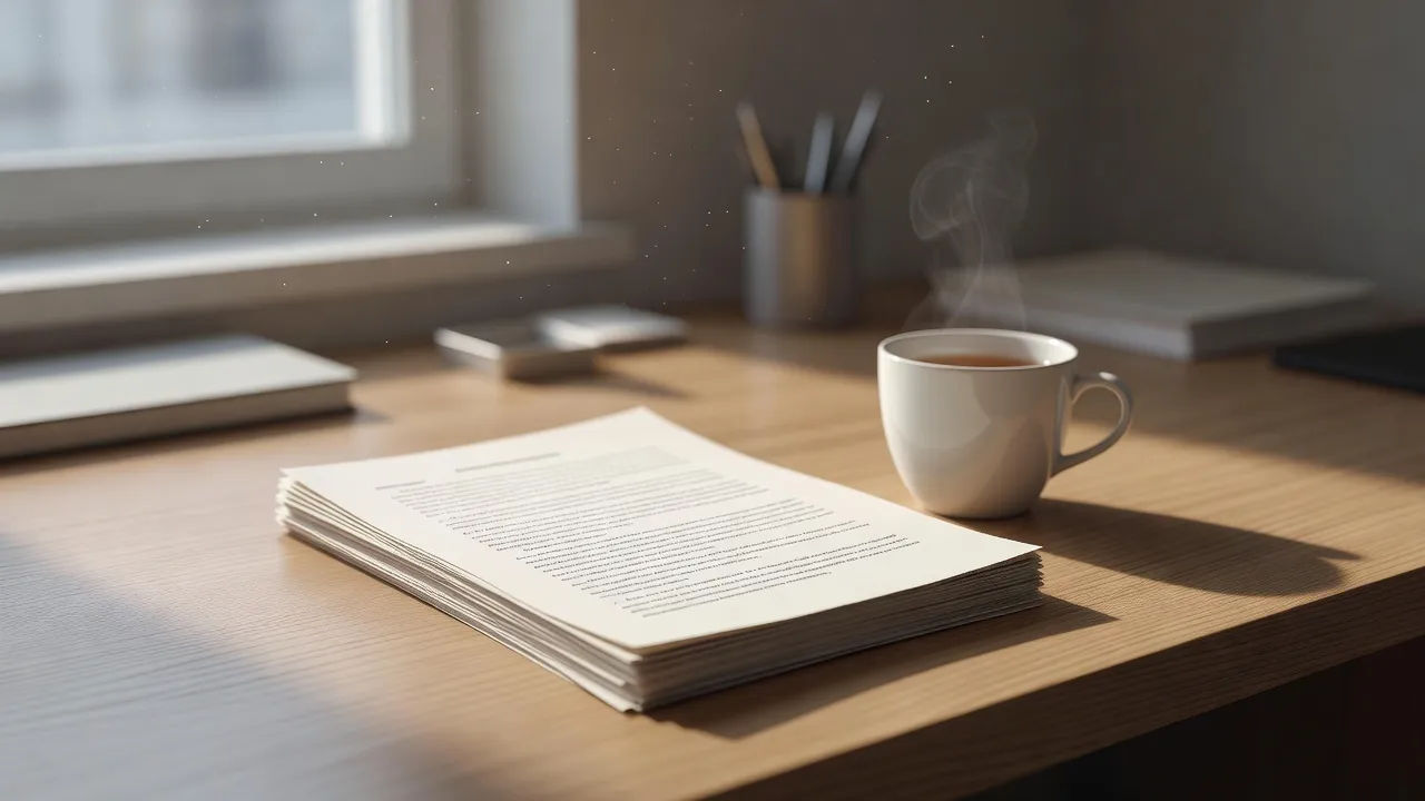 Printed essay pages beside a cup of tea on a quiet writing desk