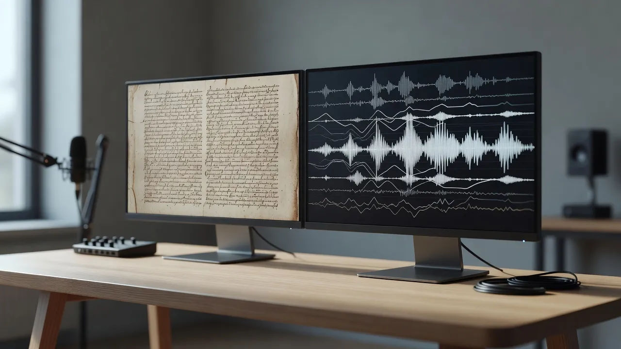 Manuscript on one monitor beside an audio waveform on another