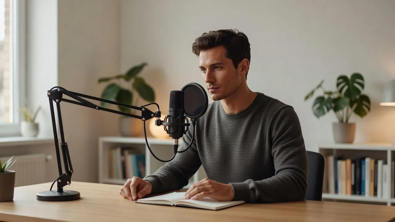 Creator recording an essay reading at a soft-lit home studio