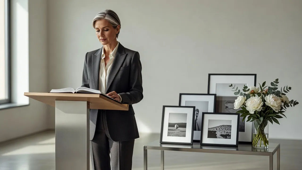 Speaker at a lectern reading softly beside framed photographs and flowers