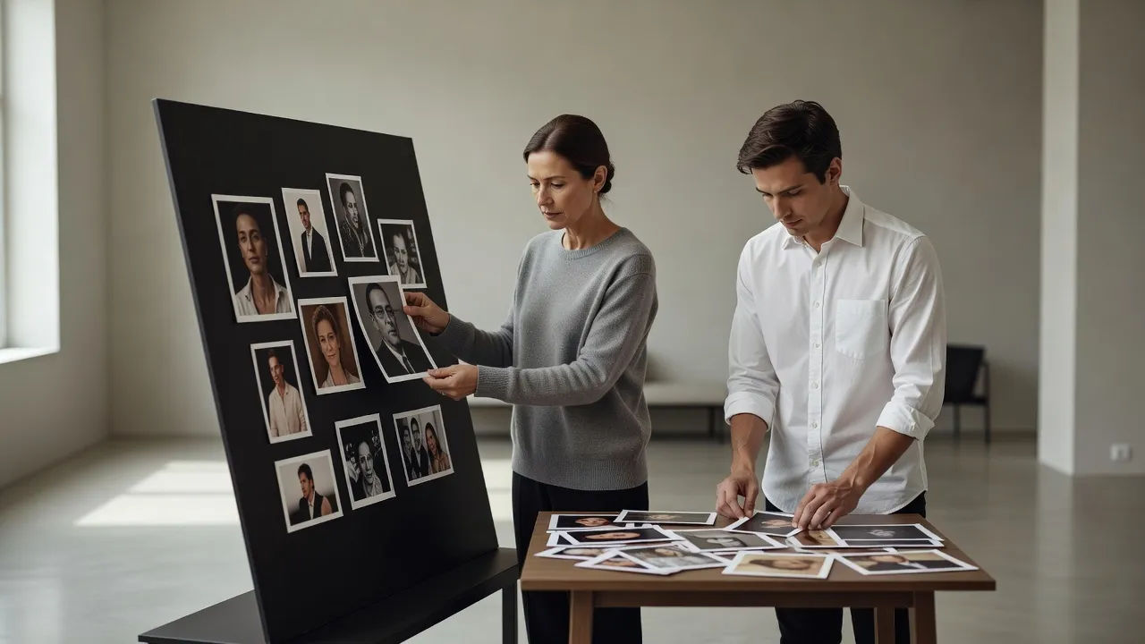 Two people preparing a tribute display of photos in a quiet, softly lit room