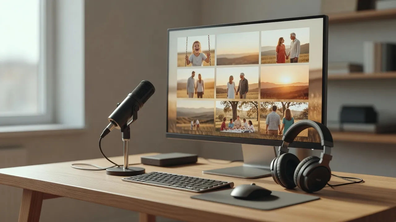 Editing desk with a soft tribute slideshow on screen and a quiet vocal mic
